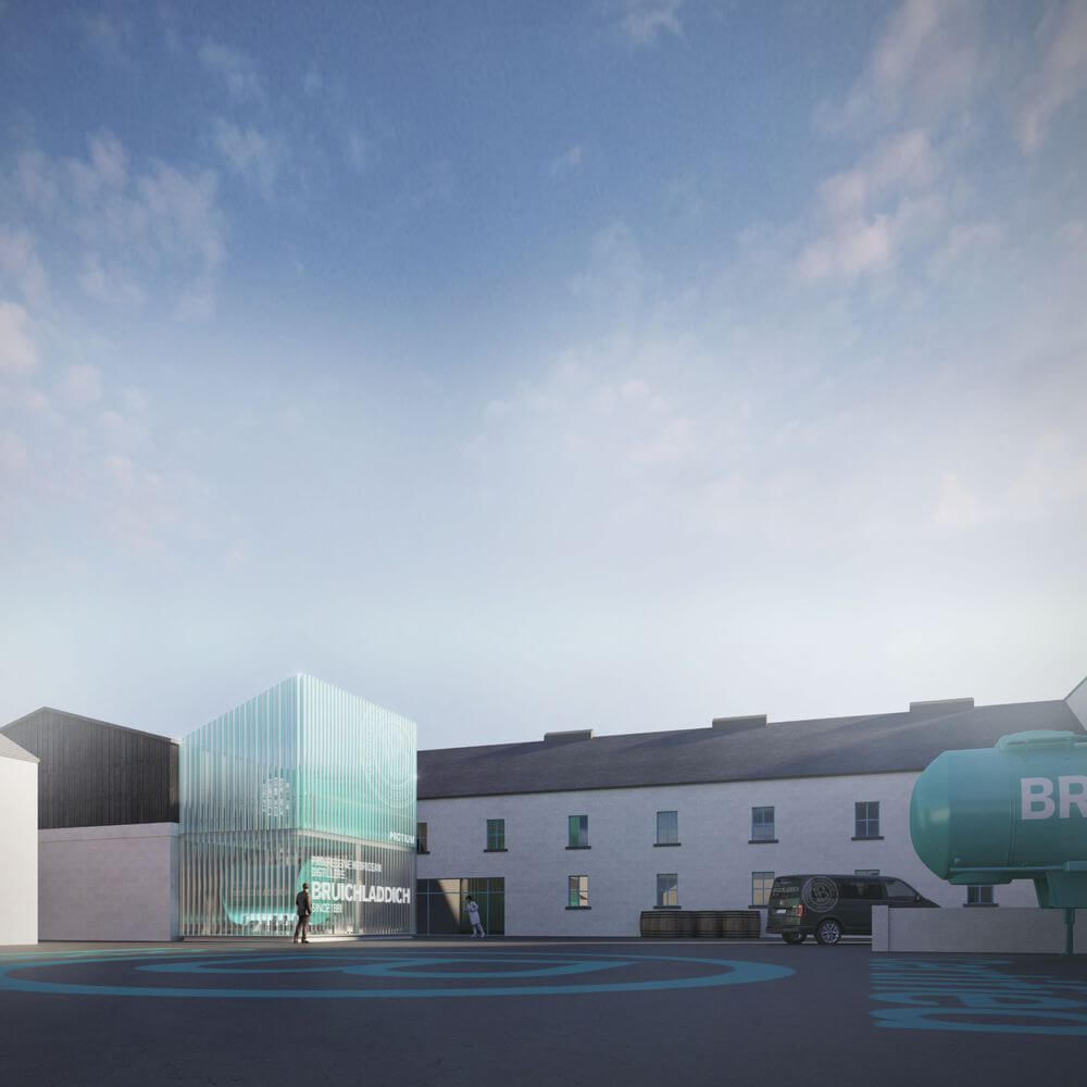 Bruichladdich distillery architectural rendering showing modern glass entrance addition with hydrogen tank, supporting Net...