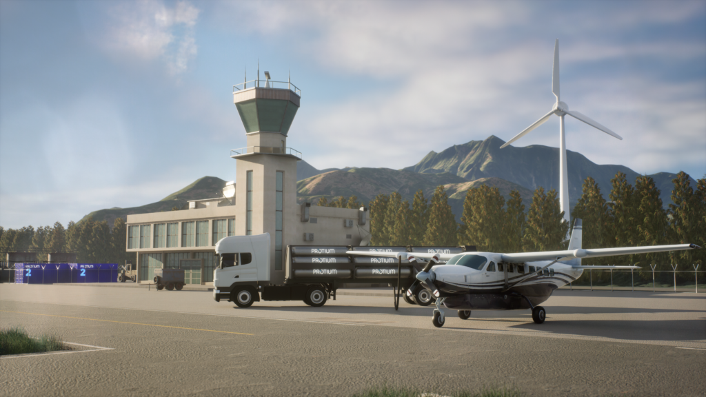 Small aircraft and truck with "PROTIUM" tanks at an airport with a control tower and wind turbine.