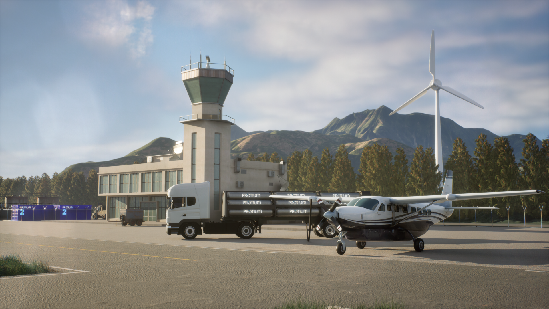 Small aircraft and truck with "PROTIUM" tanks at an airport with a control tower and wind turbine.