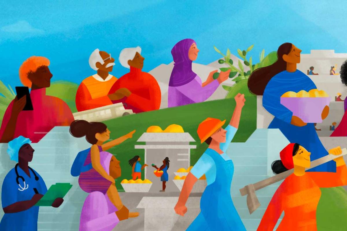 Diverse group of women in vibrant colors engaging in various activities outdoors, celebrating International Women's Day 20...